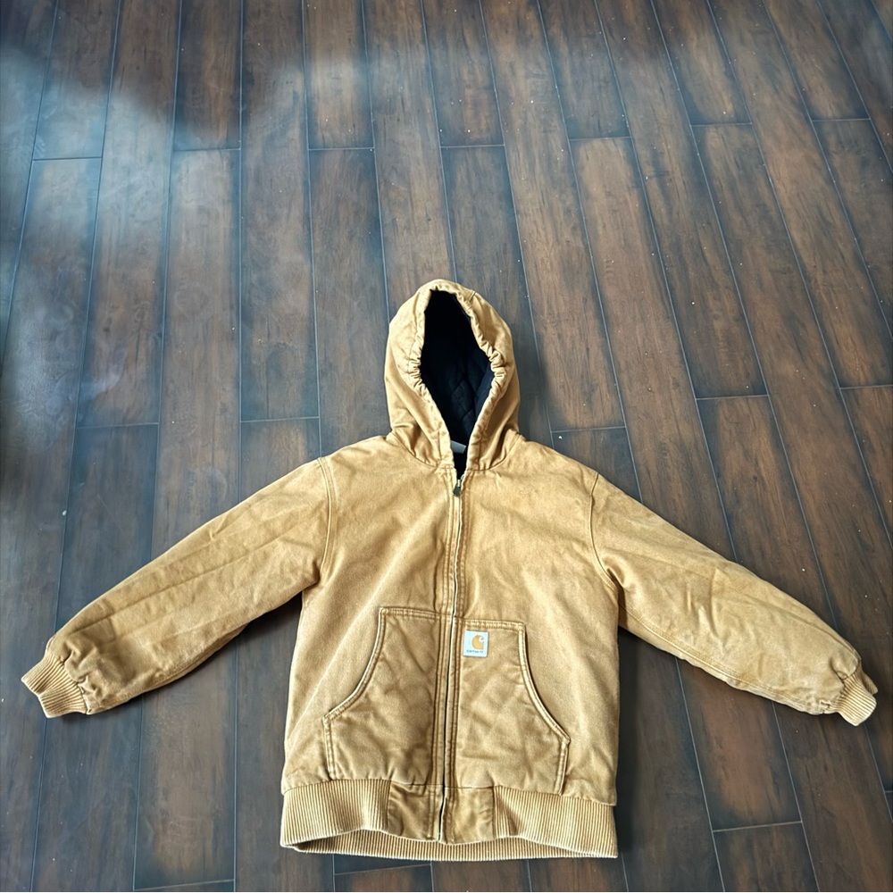 Carhartt Duck Jacket w Hood Brown Hooded Coat Youth Sz 10 12 Good Condition